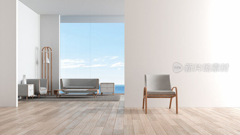 现代室内客厅木地板配沙发套。客厅前面的椅子。海景夏季3d渲染