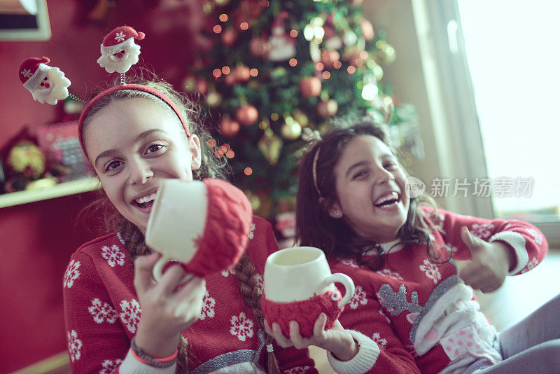 两个小姐妹在圣诞树下敬酒喝热饮