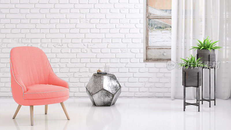 粉彩扶手茶，咖啡桌，窗户和空白的墙壁模板
