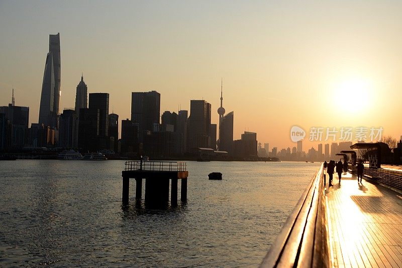 夕阳下的杨浦河畔和陆家嘴天际线，中国上海