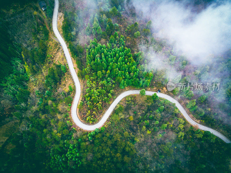 鸟瞰有雾的山路