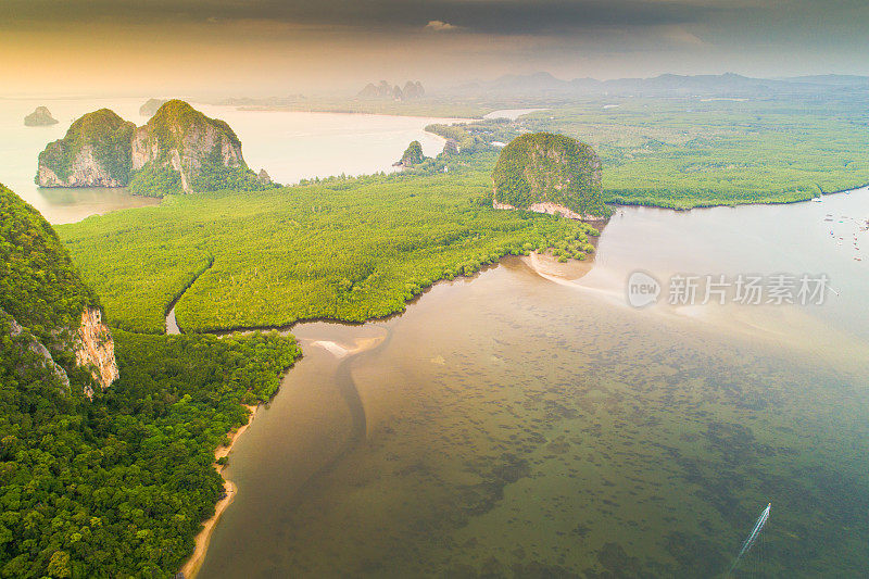 鸟瞰图拍摄热带美丽的海滩海与红树林在泰国南部