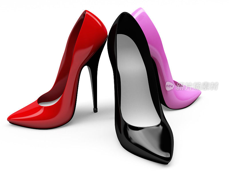 3D红色，粉色和黑色高跟鞋