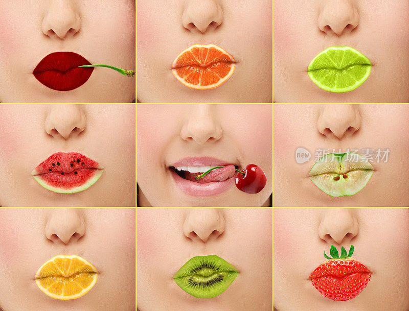 女人的嘴唇涂着水果色的唇彩。