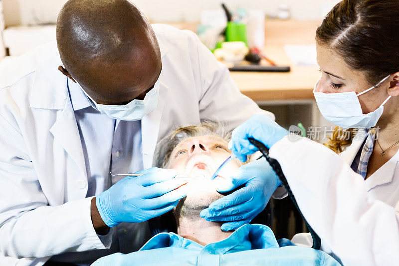 牙科治疗正在进行中:牙科医生和助理与病人忙碌