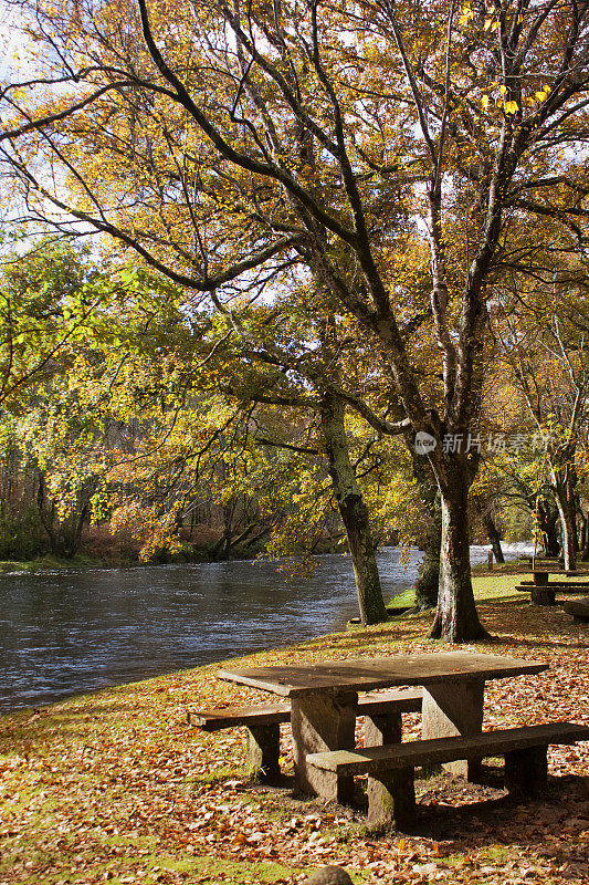 秋天的公园里，河边有桌子和长椅。