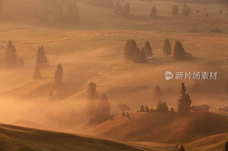 黎明时分，埃尔佩在吹口哨的Dolomiti，群山在雾中起伏。