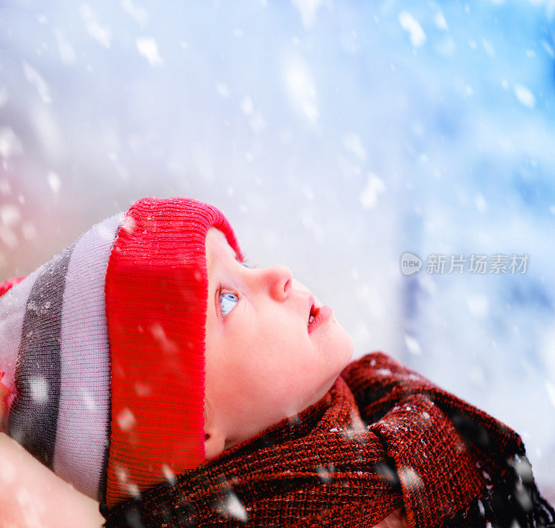 小孩儿抬头看飘落的大雪花