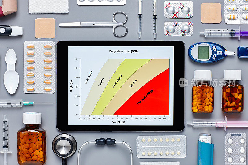 身体质量指数显示在医疗设备中的数字平板上