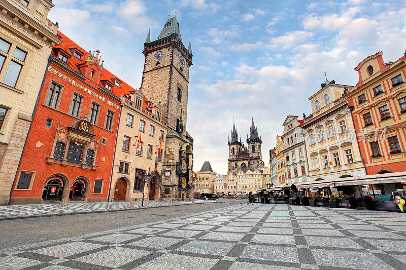 布拉格，捷克共和国-广场和天文钟的观点