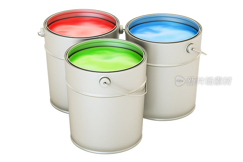 彩色涂料罐，RGB概念。3D渲染孤立的白色背景