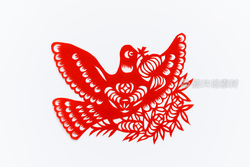 中国传统剪纸艺术图案、花窗。象征着幸福和好运。Animals-birds。中国新年装饰元素。汉字(福、寿、安、财、丰)
