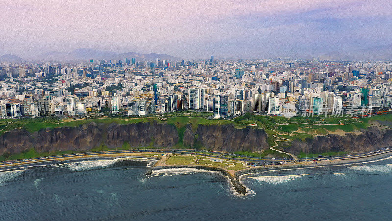 油画全景鸟瞰图米拉弗洛雷斯区海岸线在利马，秘鲁