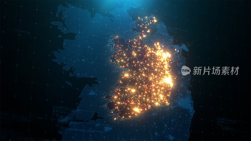 爱尔兰城市灯光照明的夜晚地图