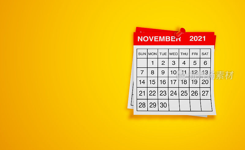 在黄色背景上的2021年11月日历