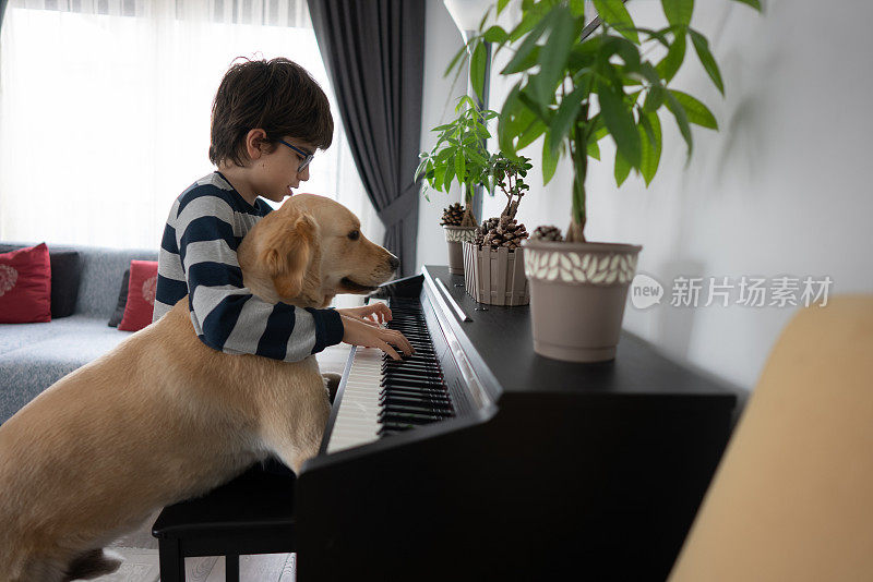 快乐的男孩和他的狗在家里弹钢琴