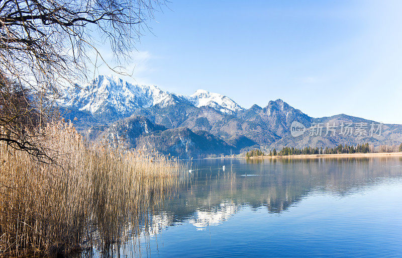 田园诗般的山湖，春天的阿尔卑斯山全景