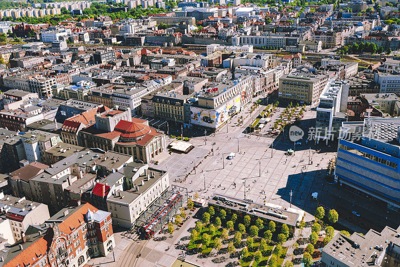 鸟瞰波兰西里西亚卡托维兹市的Rynek