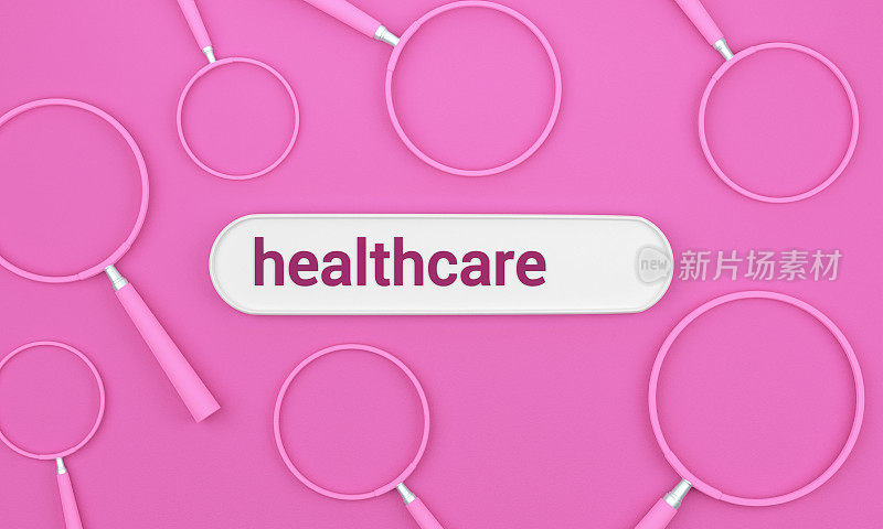 医疗保健在粉色背景的白色搜索栏中显示。