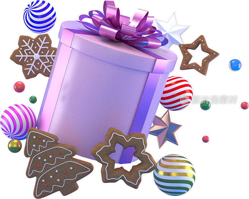 3d渲染圣诞或新年元素背景装饰球，星星，雪和gif框。五颜六色的节日礼物。现代设计。孤立的插图。