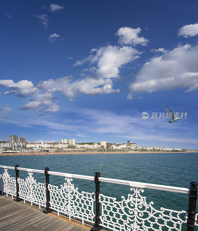 布莱顿海滨度假村的海滩和布莱顿码头在一个阳光灿烂的夏天，蓝天和游客在英国