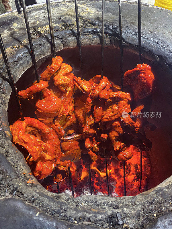 特写图像的生鸡肉串，腌制的生鸡胸肉块上的金属串，躺在铁炉炭火排，发光的余烬，热灰，高架视图，重点在前景