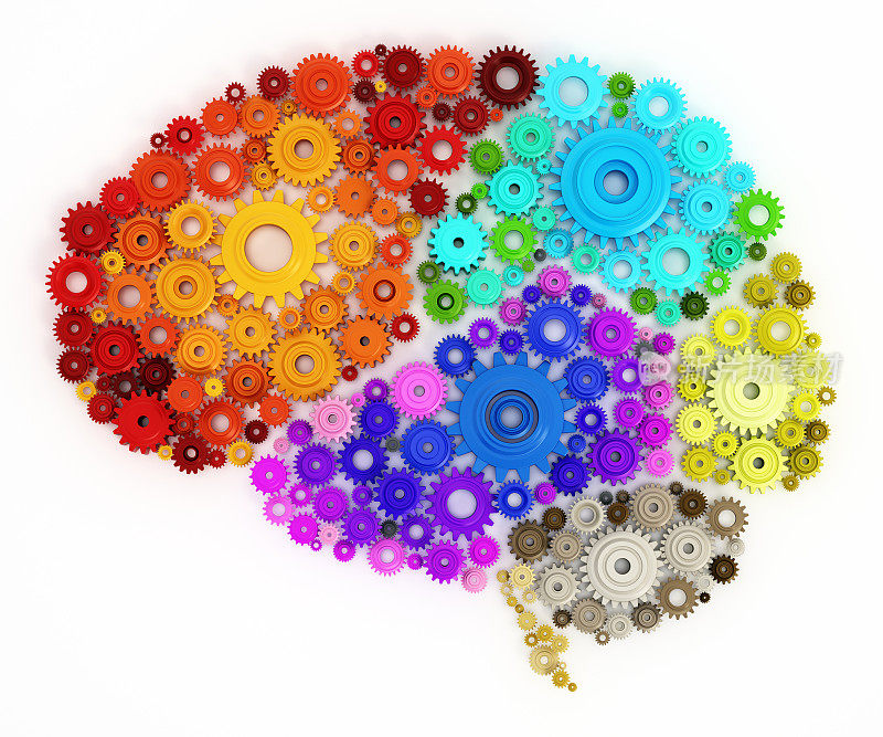 成群的彩色齿轮组成了人类大脑的一部分