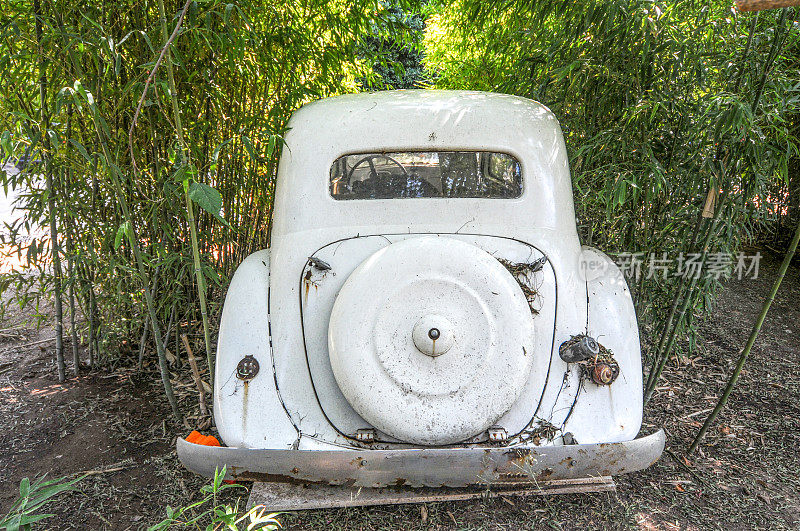 一辆报废的老式白色轿车的后视图