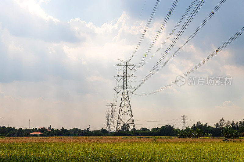 高压电塔和电线与稻田。电塔与天空。动力和能源概念。