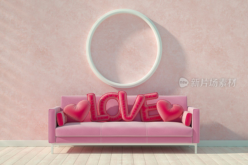 情人节概念搭配粉色沙发，爱心枕头