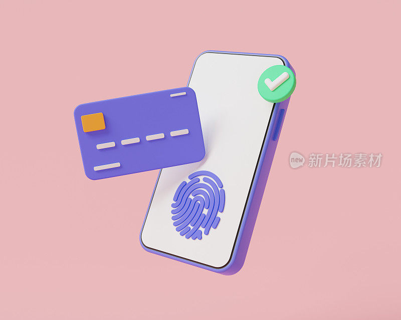 手机指纹信用卡。网上支付保护概念。网上支付、转账、网上购物、金融、手机银行、货币支付。3d渲染图