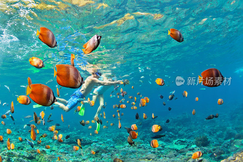 快乐的夫妇浮潜在珊瑚礁的水下