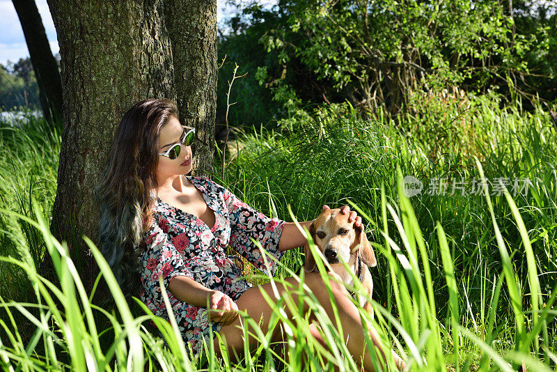 年轻女子享受瑞典的夏天与小猎犬在树林