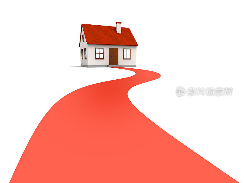 一条通往红屋顶房子的红色弯道的图形艺术
