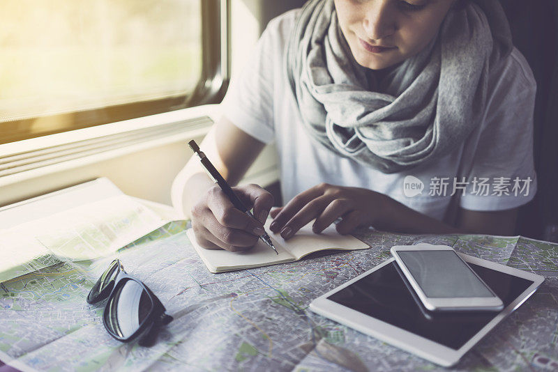 一名年轻女子计划用智能手机乘火车旅行
