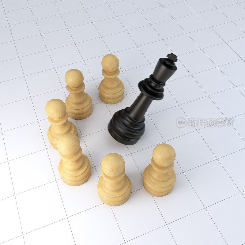 团队合作概念与象棋棋子圈和陨落王