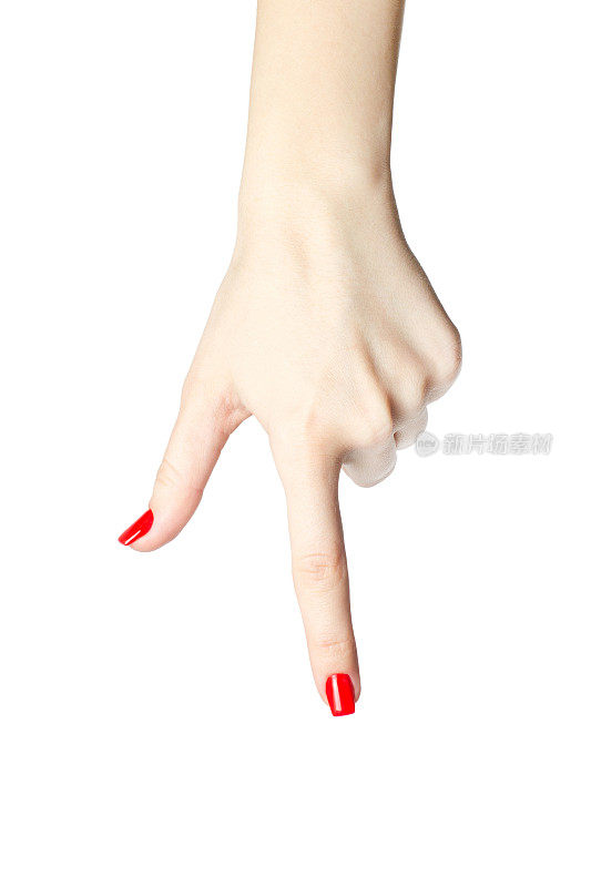 特写的女人的手与红色指甲指向食指在白色的背景。