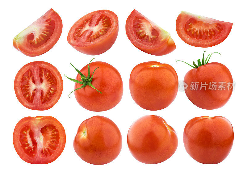 在白色背景上孤立的番茄。收集。单