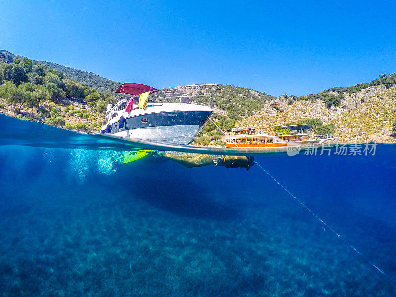 Göbün湾在Göcek。漂浮在海底的女士。