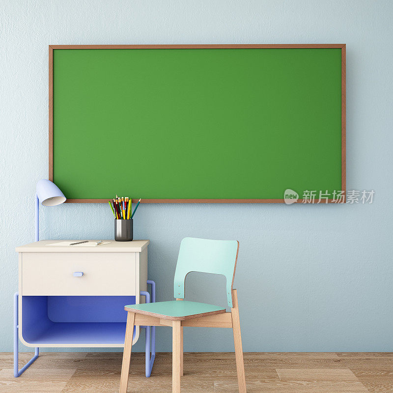 空教室室内设计，有黑板，3d插图，3d渲染