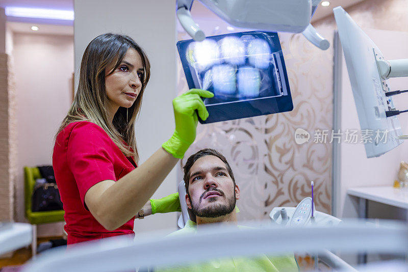 女牙医在牙科诊所向病人展示牙齿x光片