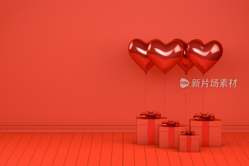 空荡荡的房间里有闪亮的红色气球和空墙。情人节的概念。