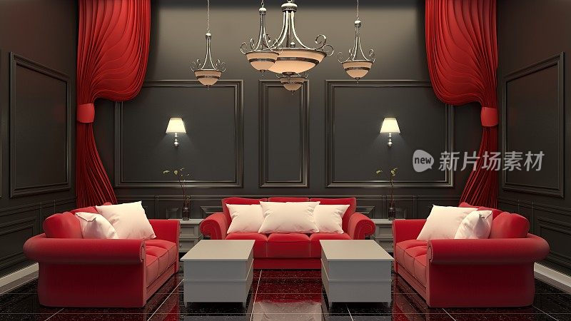 客厅里的红色沙发，白墙背景。三维渲染
