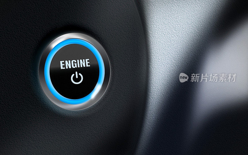 发动机标题超过汽车启动按钮在仪表盘上