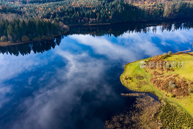 鸟瞰图松树林旁边的苏格兰湖在一个晴朗的平静的一天在邓弗里斯和加洛韦西南苏格兰