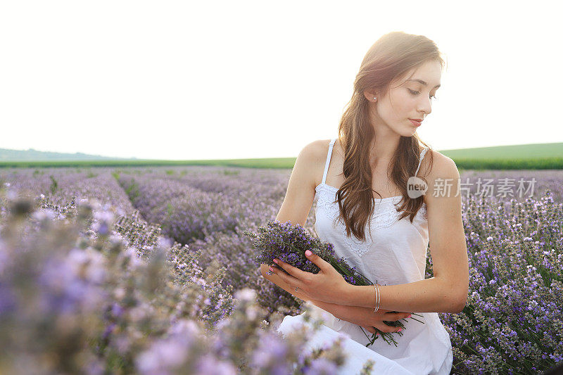 年轻的女孩在薰衣草地里捧着花束