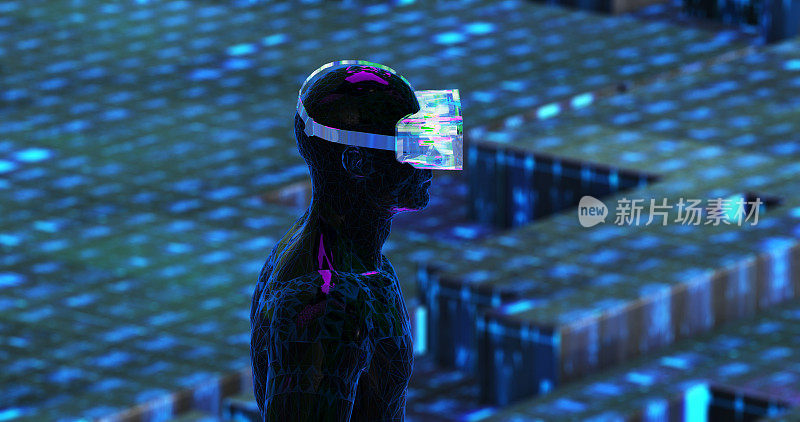 超宇宙概念，戴着虚拟现实头盔的人工智能