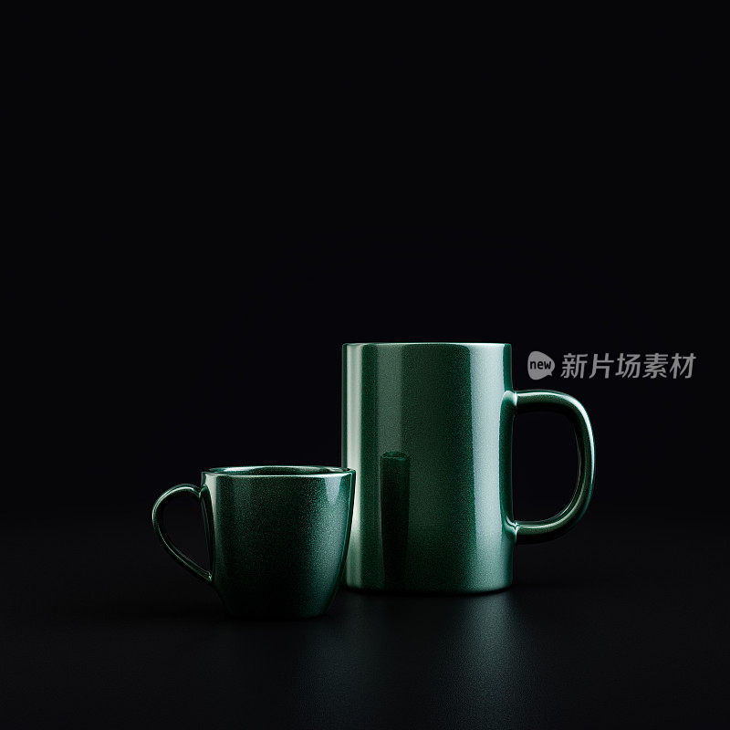 过滤和浓缩咖啡杯。金属绿色材料与片状咖啡杯在黑色背景，3d渲染