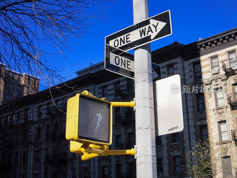 纽约曼哈顿街十字路口路口路标现代写字楼金融区摩天大楼