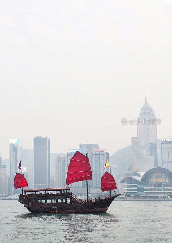 在香港维多利亚岛的港口背景上，传统的红帆帆船